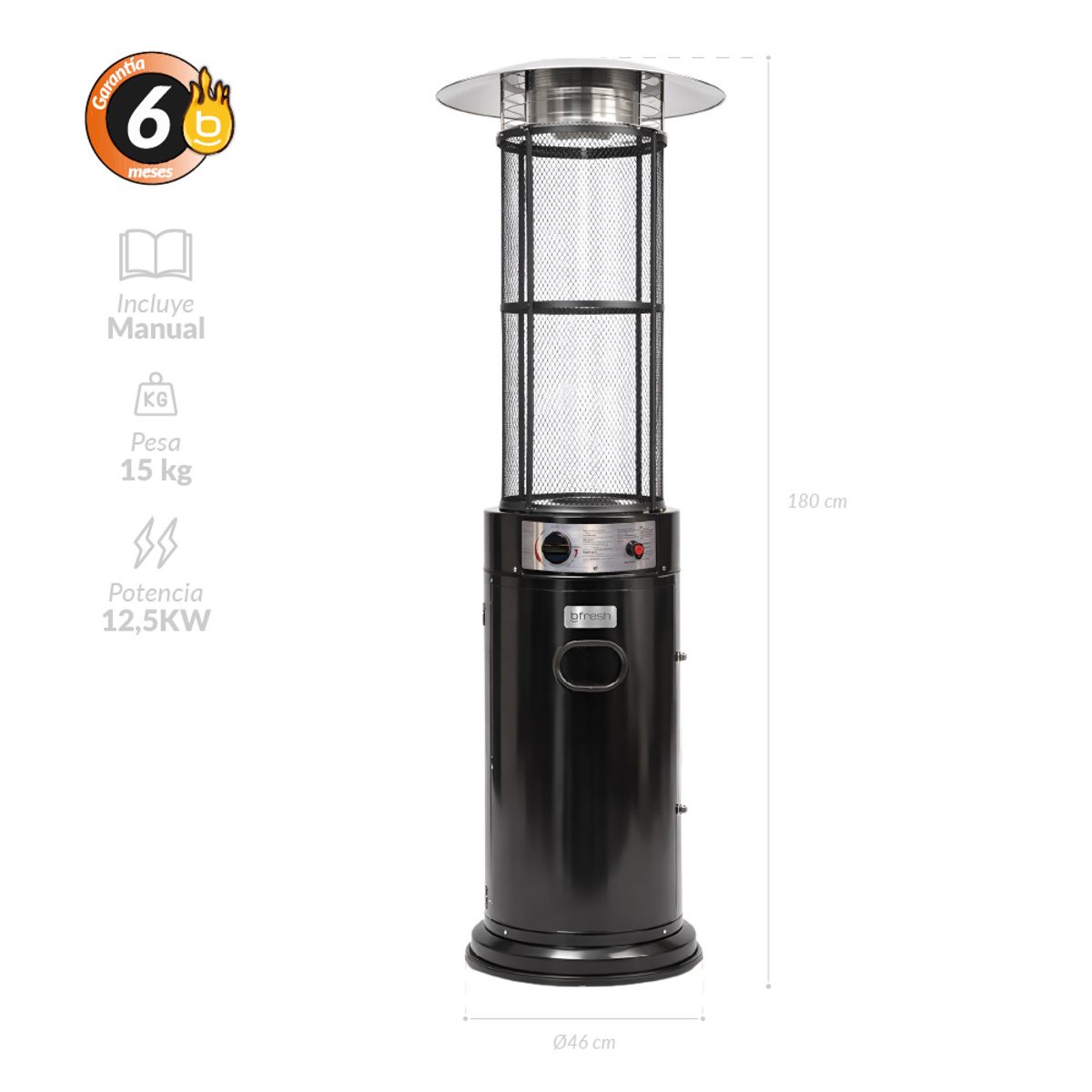 B FRESH - Estufa Patio Exterior Cilíndrica A Gas 12kw Negra Bfresh