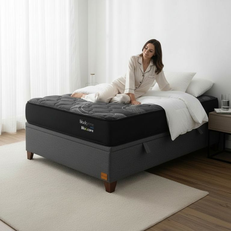 Cama Baul 1 Plaza L200 cm+ Colchon Black Prime - Modelo Uno / Con Patas De Madera 4.5 cm