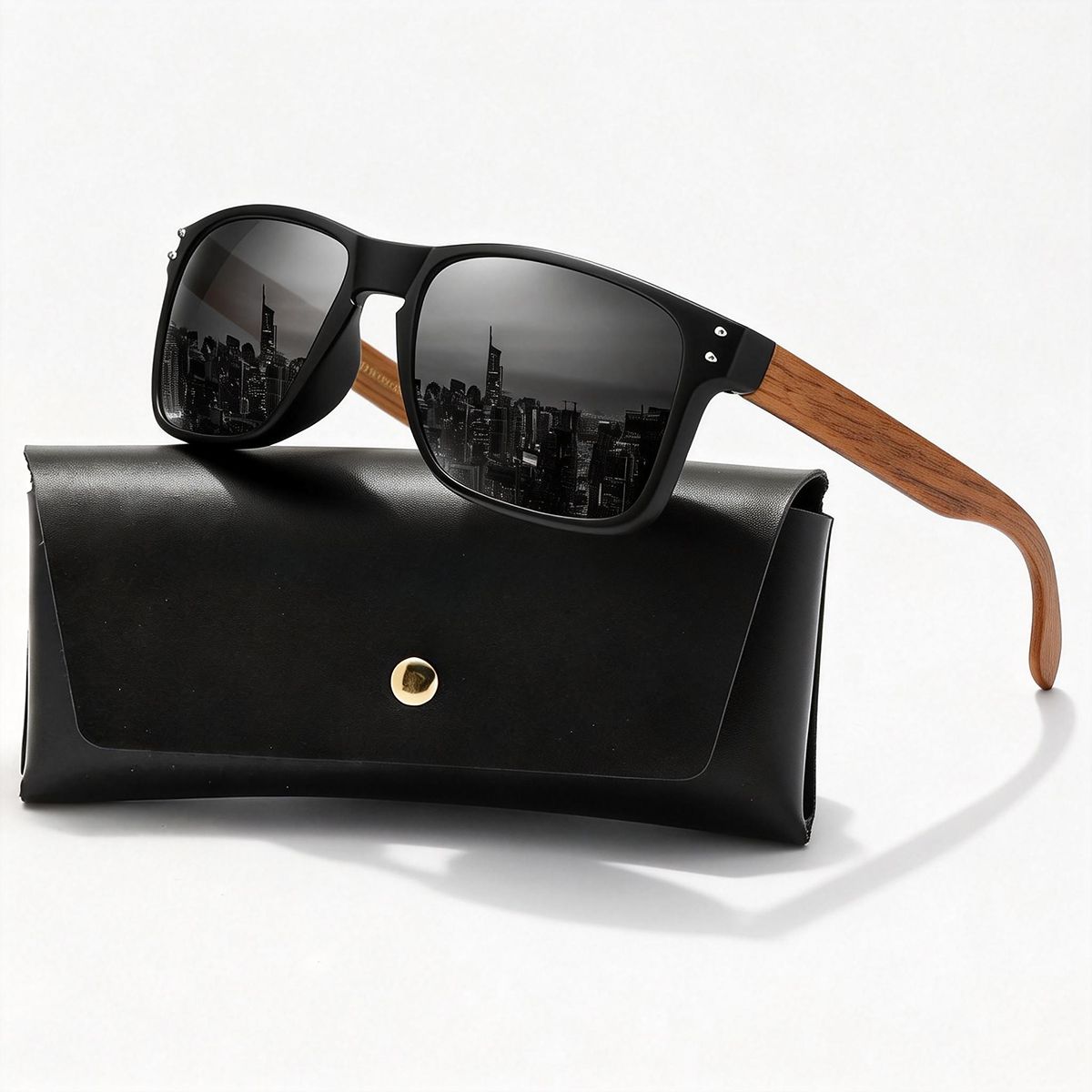 POLASUP - POLASUP lentes gafas de sol para uso diario Acabado de espejo negro con patillas con vetas de madera