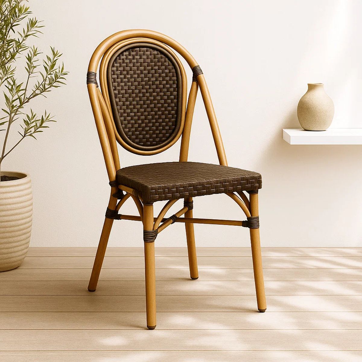 KLIK - Silla de Exterior Estilo Francés con Marco Dorado y Ratán Oscuro