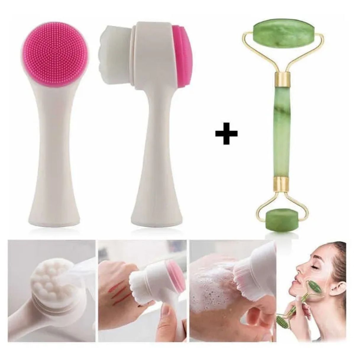 GENERICO - Set Limpieza Facial Cepillo Y Rodillo De Jade Masajeador