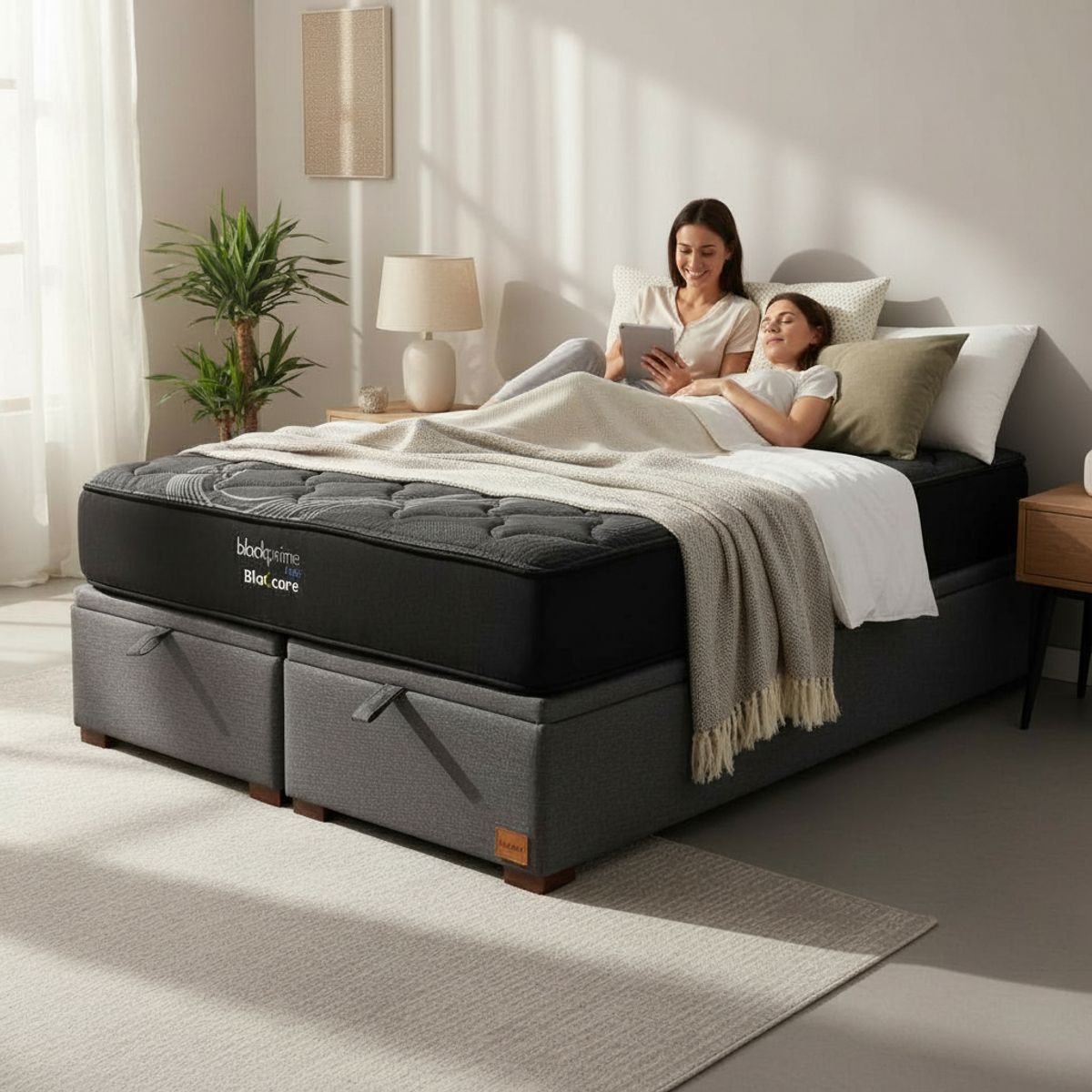 BLOCCARE - Cama Baul Super King L200 cm + Colchon Black Prime - Modelo Uno / Con Patas De Madera 4.5 cm