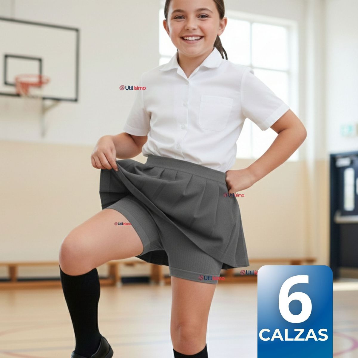 UTILISIMO - Pack 6 Calzas Cortas Escolar Pata Deportivas Niña Color Gris