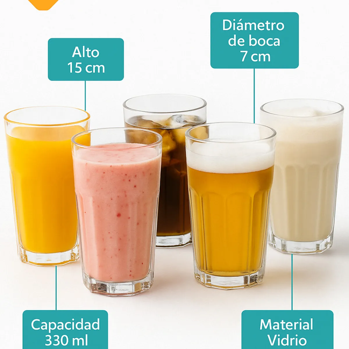 GENERICO - Set 6 Vasos Vidrio Jugos Cervezas Malteadas Bebida 330 Ml