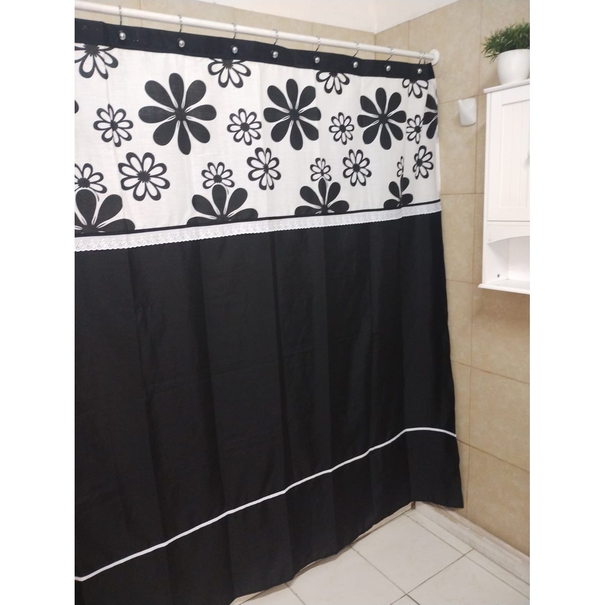 GENTILE - Cortina de Baño Medida Especial Negro flor negra 200×200 cms +14 ganchos