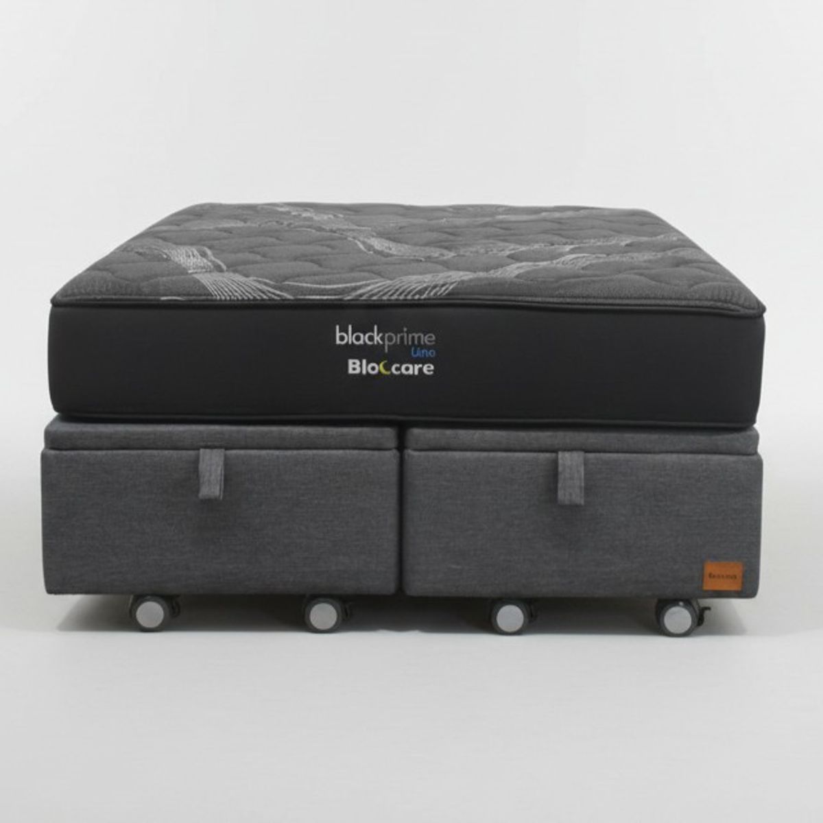 BLOCCARE - Cama Baul 2 Plaza L200 cm + Colchon Black Prime - Modelo Uno / Rueda Logo (Gris)