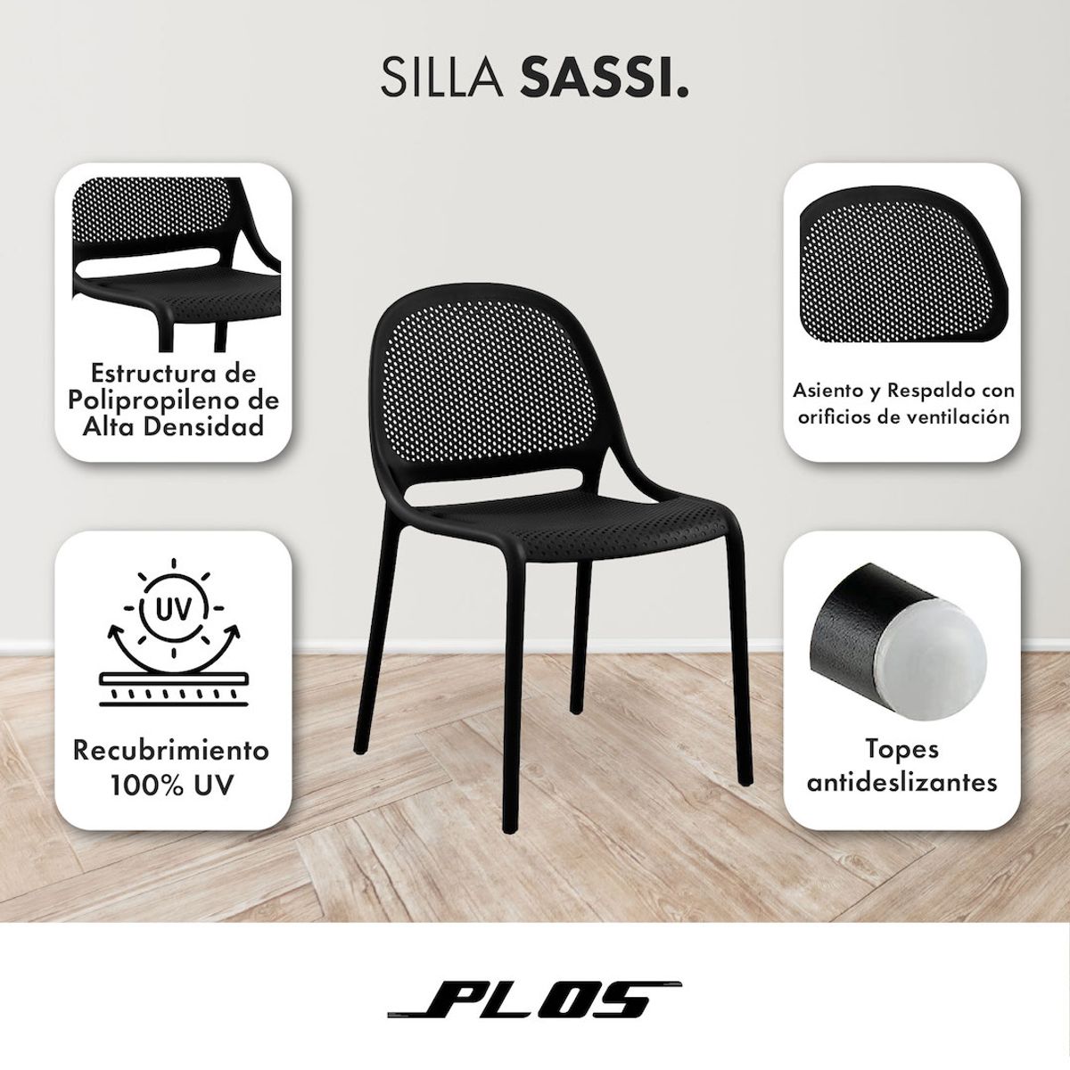 PLOS - Pack 4 Silla Comedor Sassi Plos 100% Uv Interior Y Exterior