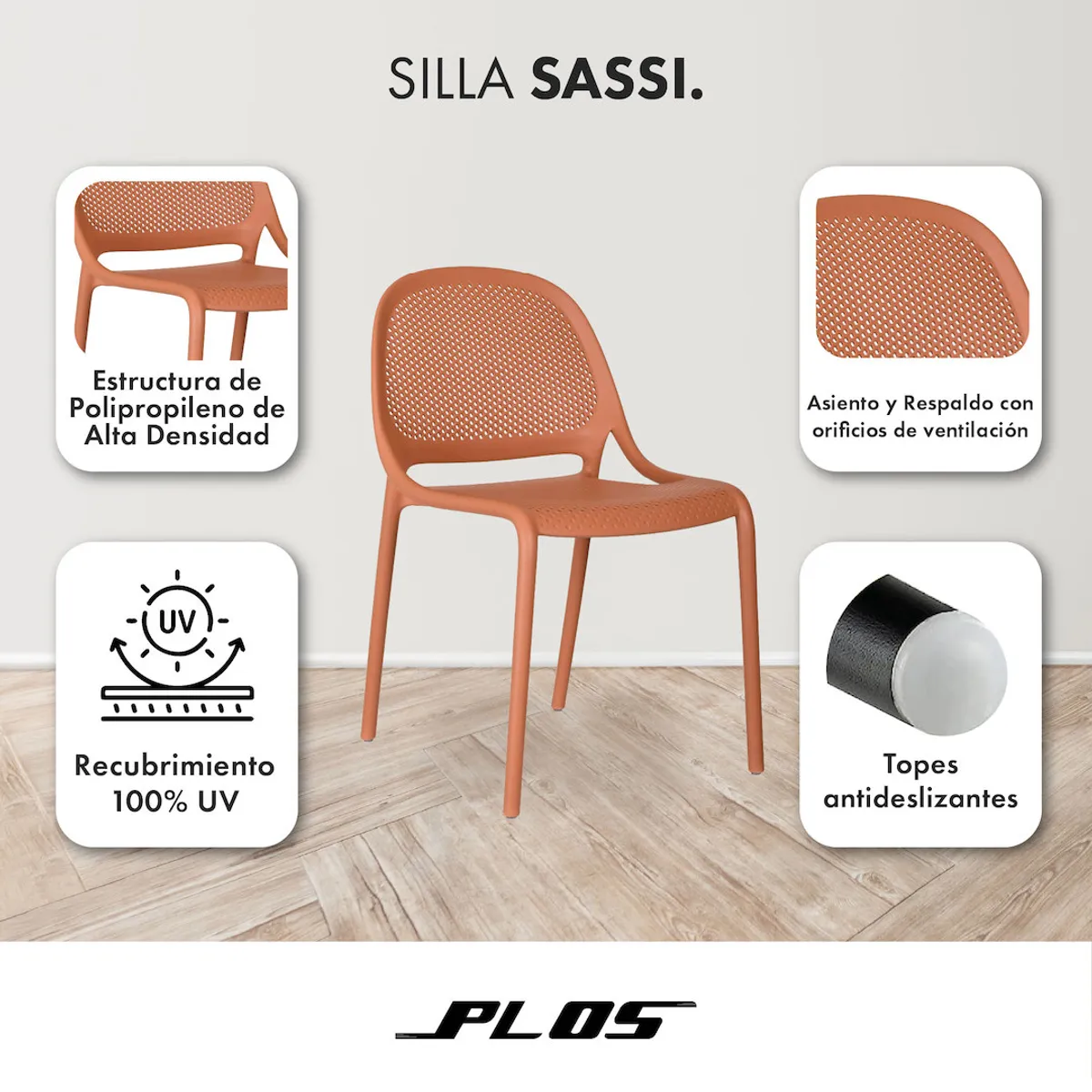 PLOS - Pack 4 Silla Comedor Sassi Plos 100% Uv Interior Y Exterior