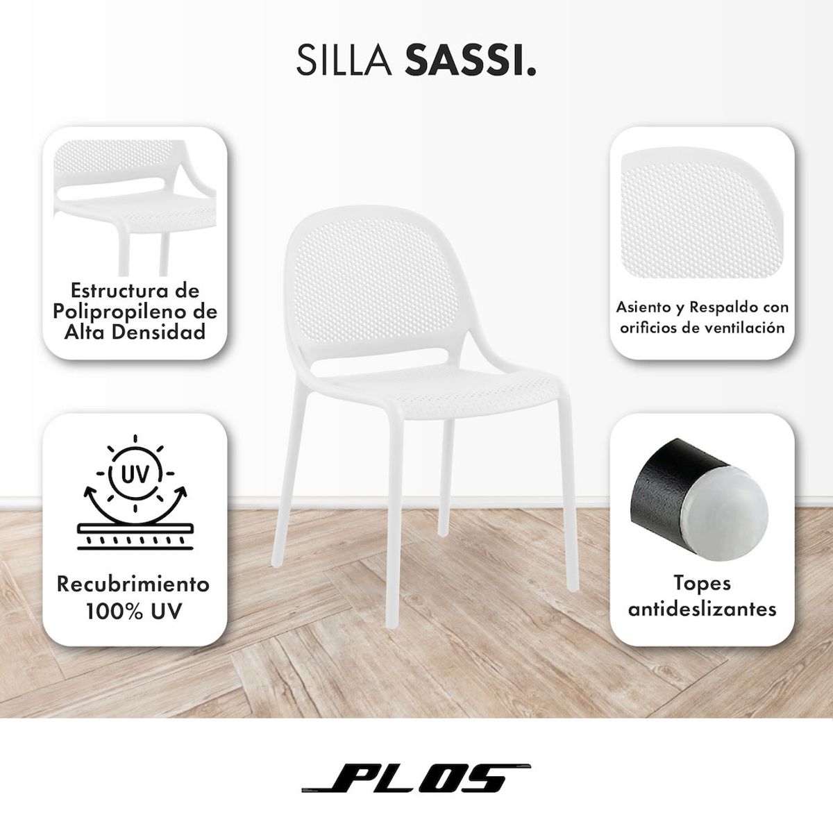 PLOS - Pack 4 Silla Comedor Sassi Plos 100% Uv Interior Y Exterior