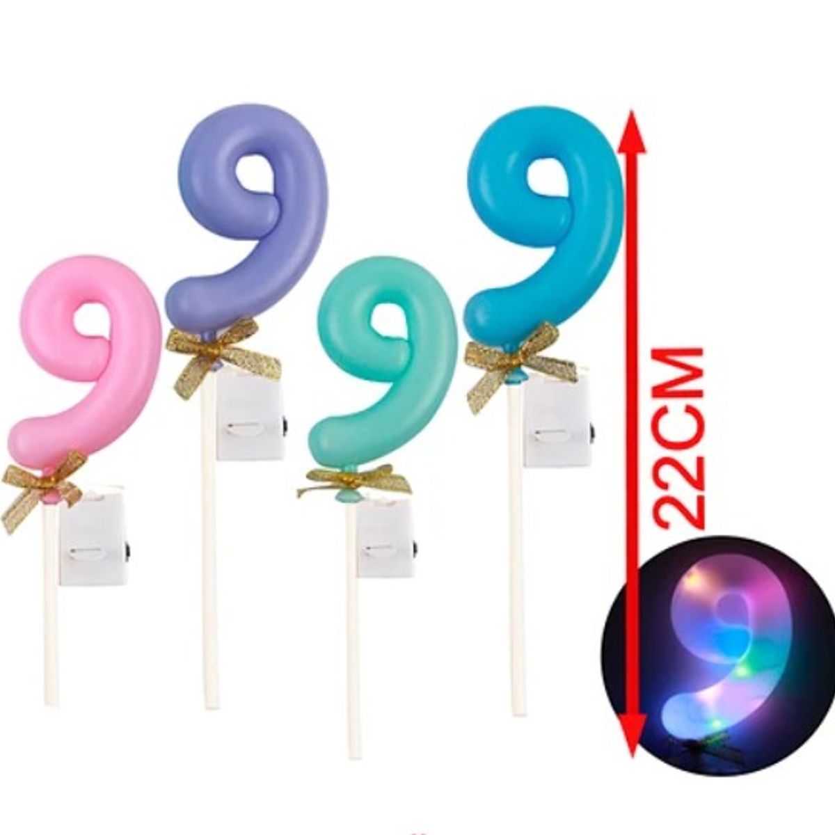 GENERICO - Topper Nº 9 Con Luz Led Color Aleatorio 22Cm