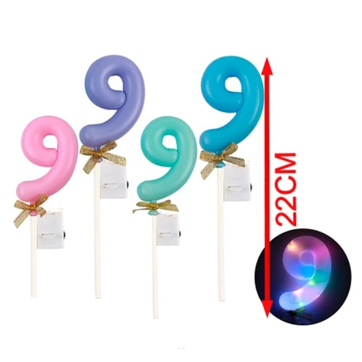 GENERICO - Topper Nº 9 Con Luz Led Color Aleatorio 22Cm