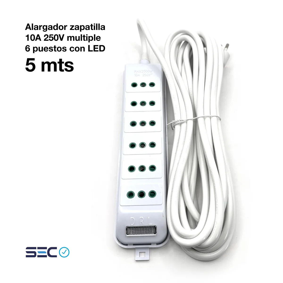 DRL LIGHTING - Alargador Múltiple 5mts 10a Zapatilla 6 Posiciones Led Sec Blanco