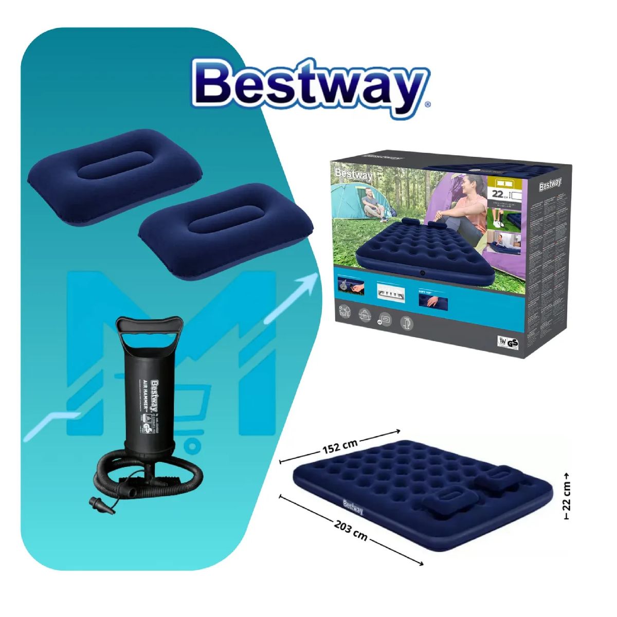 BESTWAY - Colchon Inflable 2 Plazas Bestway + 2 Almohadas + Inflador
