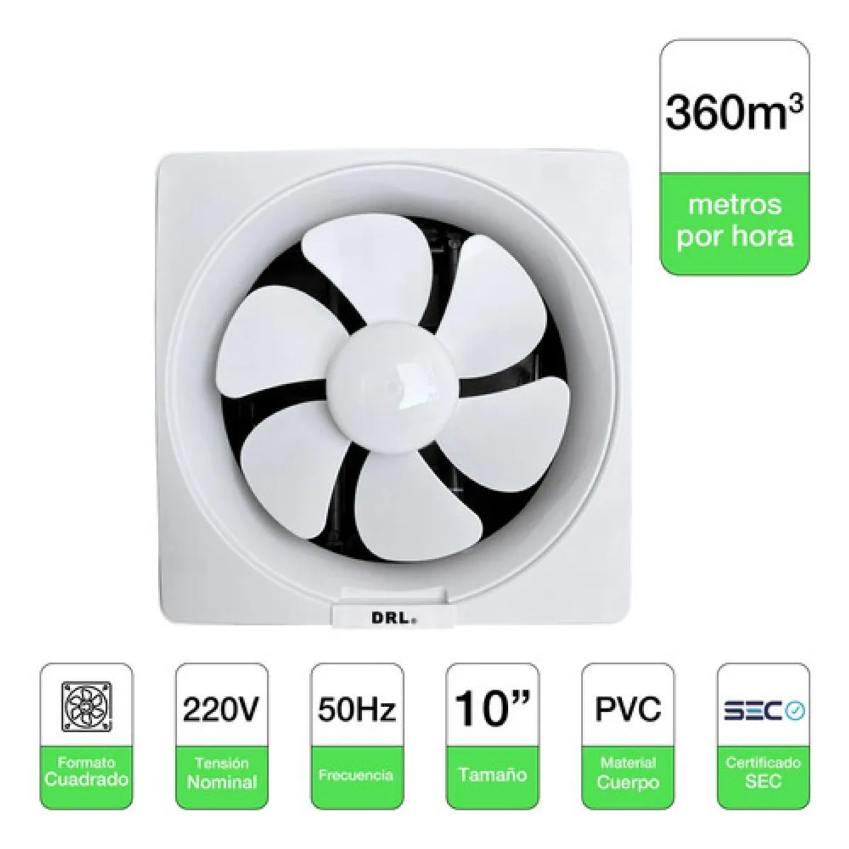 DRL - Extractor De Aire 10 Pulgadas Drl Cuadrado Baño Cocina Sec Blanco