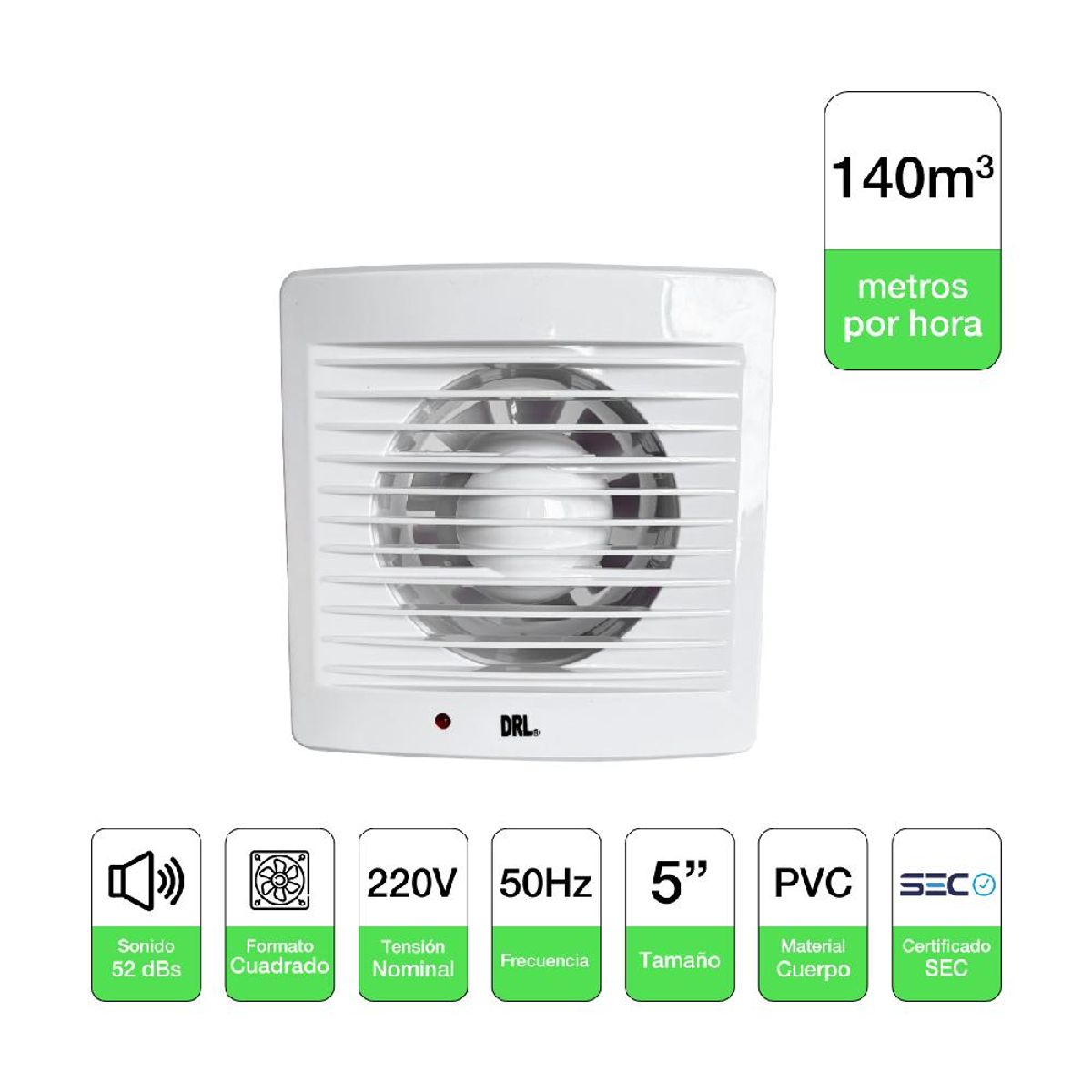 DRL - Extractor De Aire 5 Pulgadas Drl Cuadrado Baño Cocina Sec Blanco