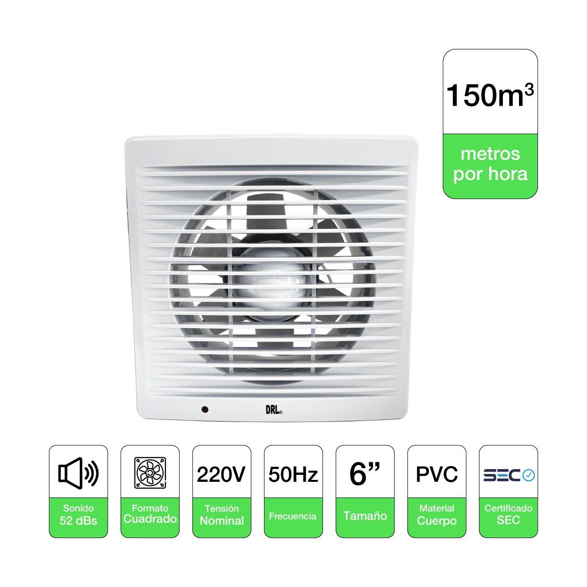 DRL - Extractor De Aire 6 Pulgadas Drl Cuadrado Baño Cocina Sec Blanco