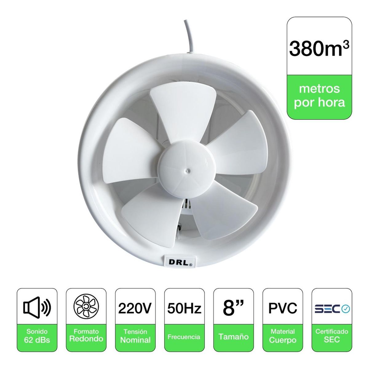 DRL - Extractor De Aire 8 Pulgadas Drl Redondo Baño Cocina Sec Blanco