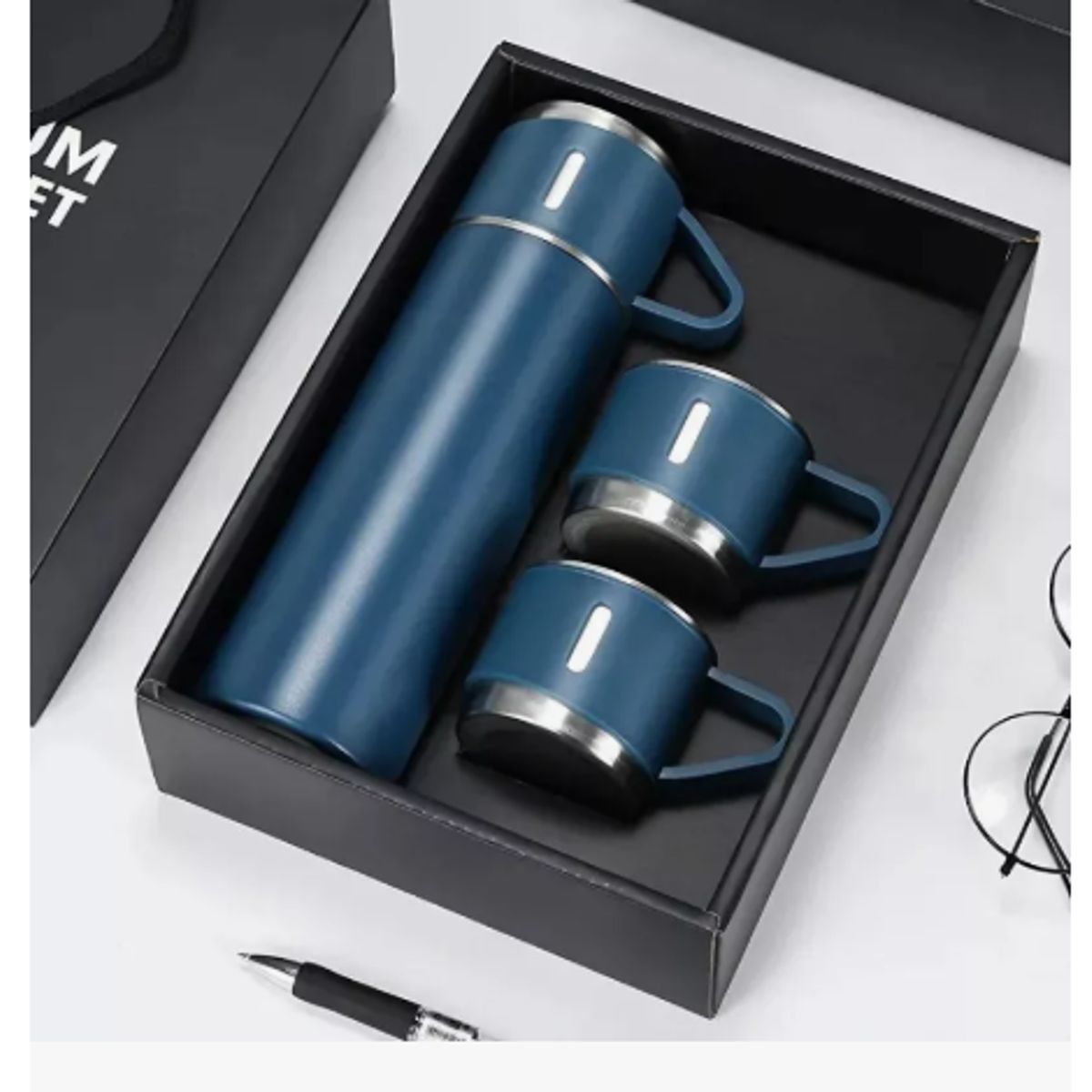GENERICO - Set Termo Para Agua Caliente Y Fría De 500ml Ideal Para Café, Mate, Color Azul Incluye 3 Tazas