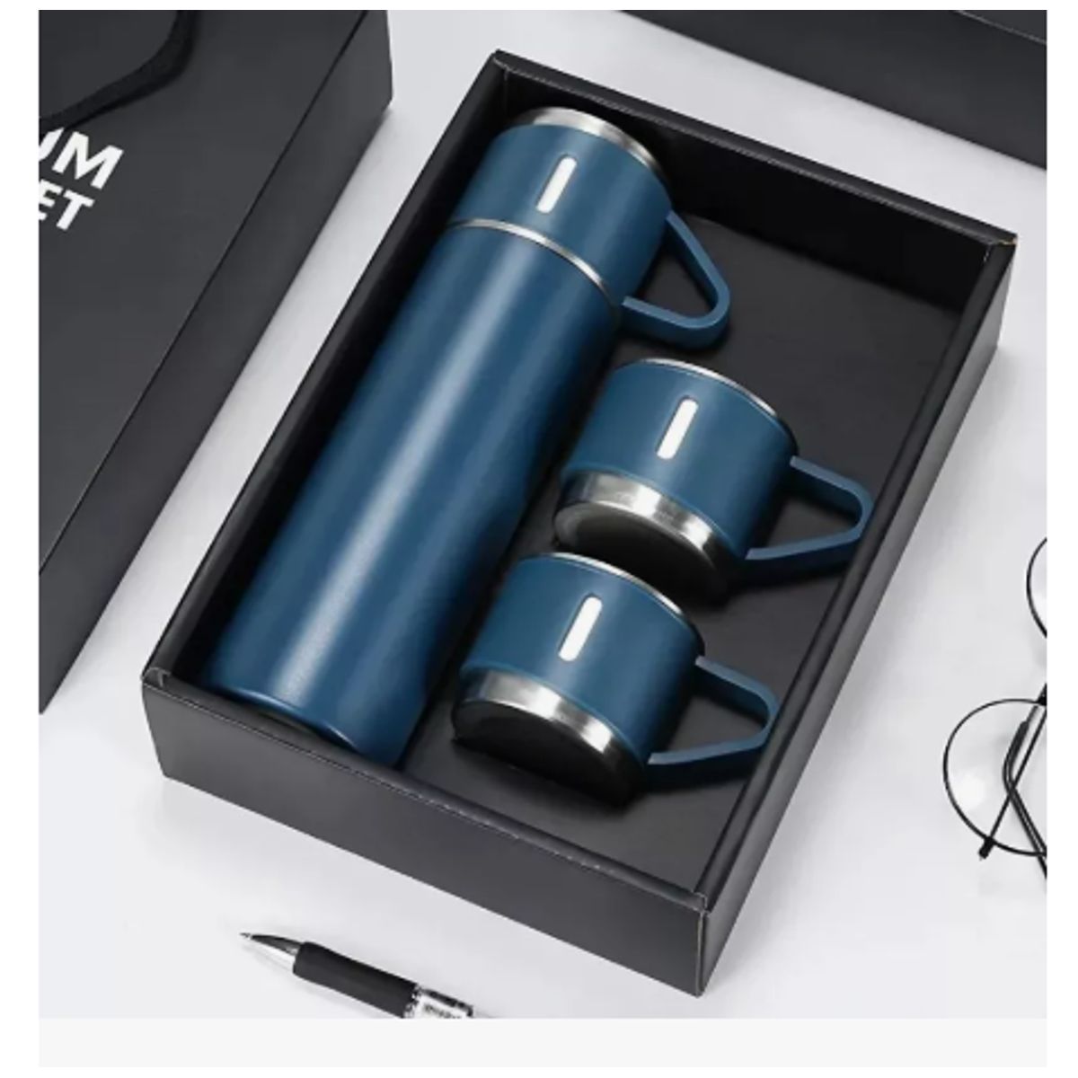 GENERICO - Set Termo Para Agua Caliente Y Fría De 500ml Ideal Para Café, Mate, Color Azul Incluye 3 Tazas