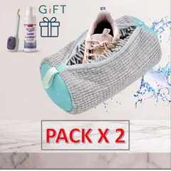 GENERICO - Bolsa Para Lavar Zapato Ropa Funda Lavadora Malla Gris Pack x 2 + Champu Cepillo Dispensador