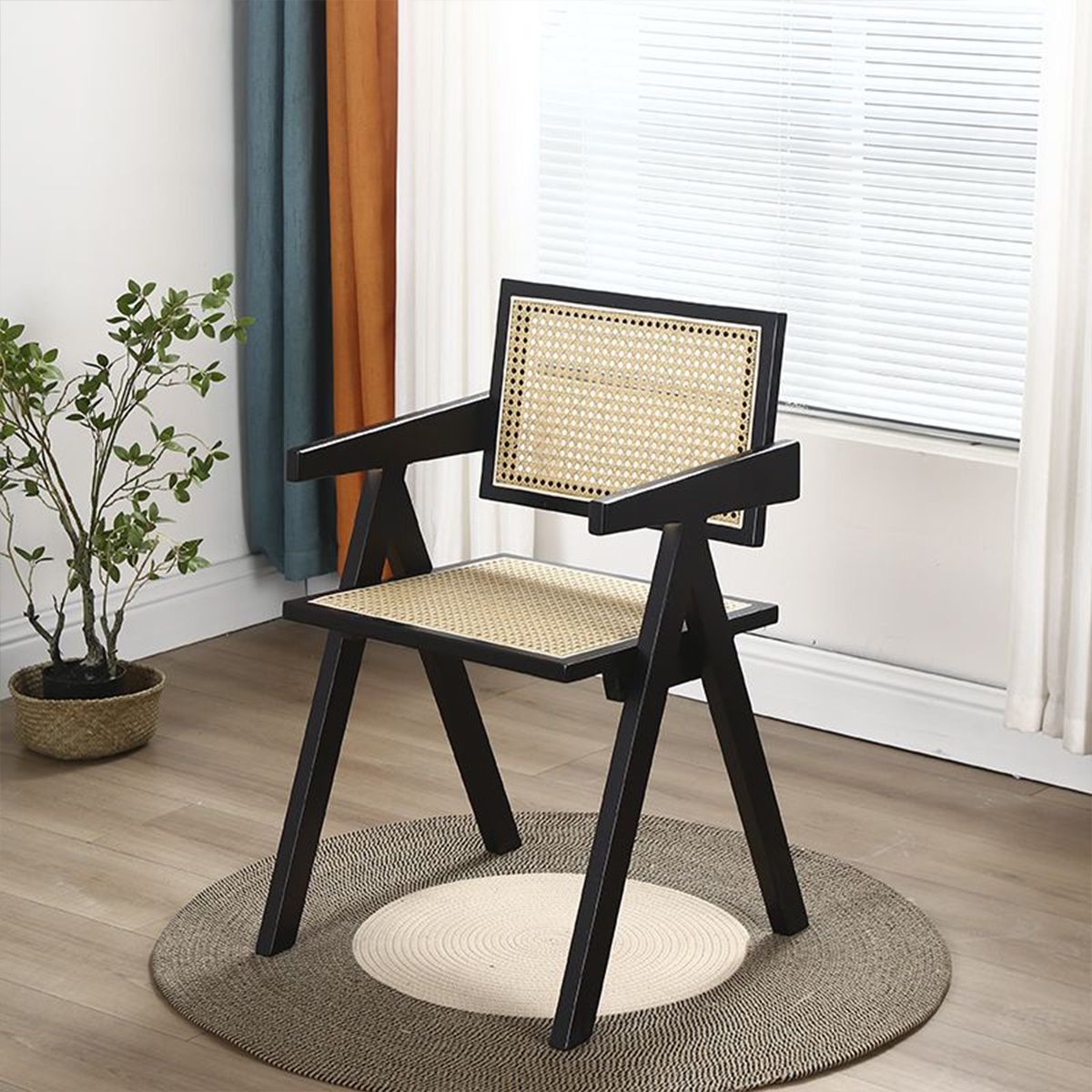 VENHOOUSE - Silla Comedor Chandigarh Ratán Madera Negra