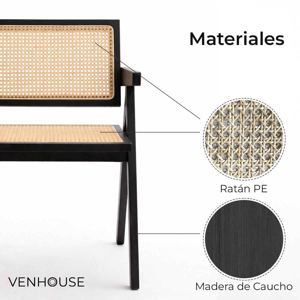 VENHOOUSE - Silla Comedor Chandigarh Ratán Madera Negra