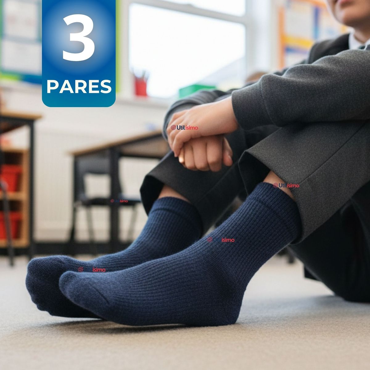 UTILISIMO - Pack 3 Calcetínes Escolares Corto Bambú Azul Niño y Niña