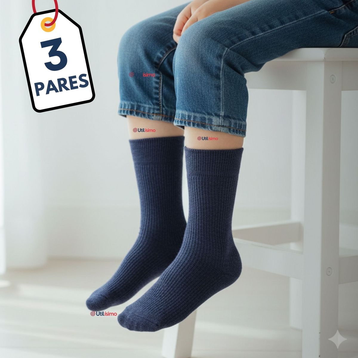 UTILISIMO - Pack 3 Calcetínes Escolares Corto Bambú Azul Niño y Niña