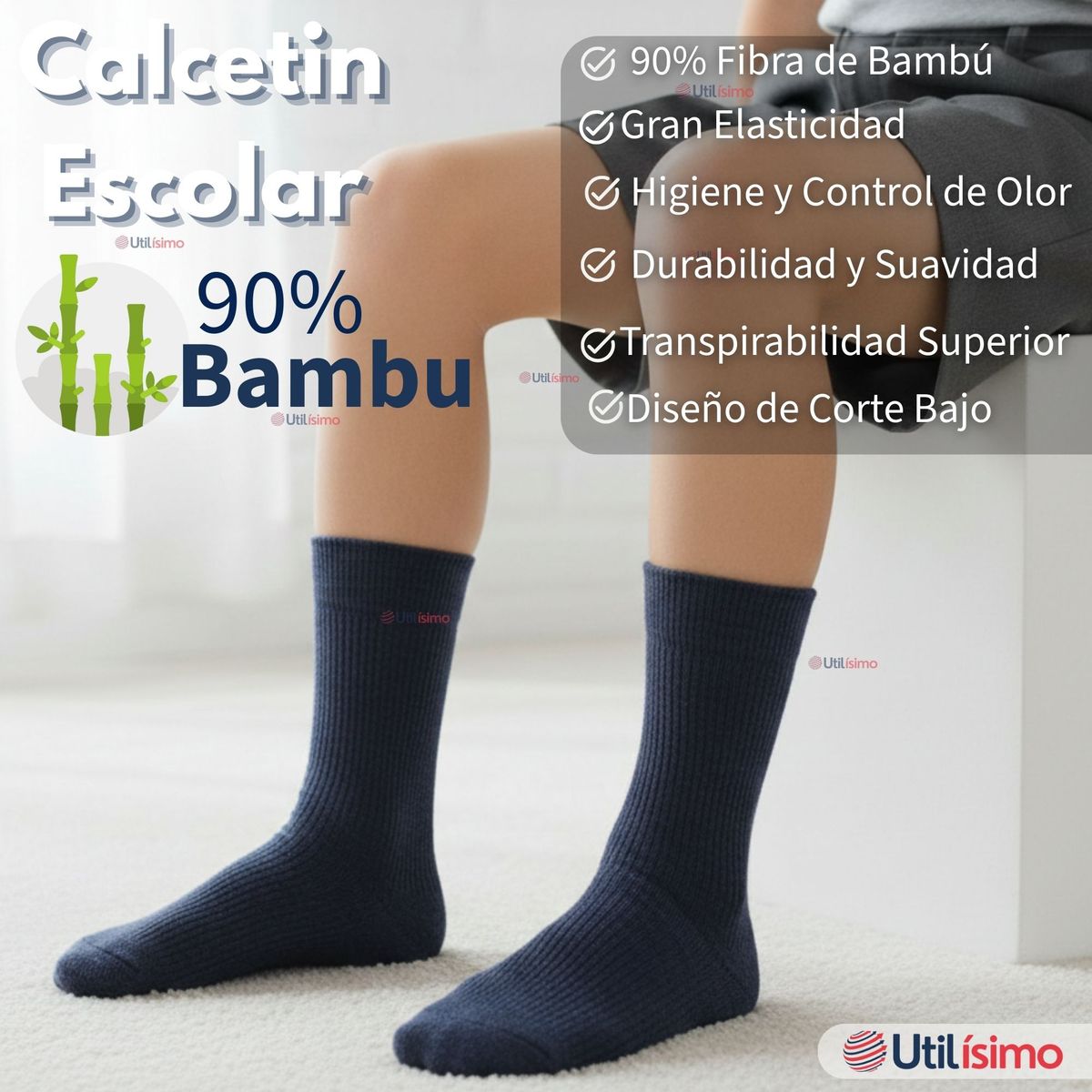 UTILISIMO - Pack 3 Calcetínes Escolares Corto Bambú Azul Niño y Niña