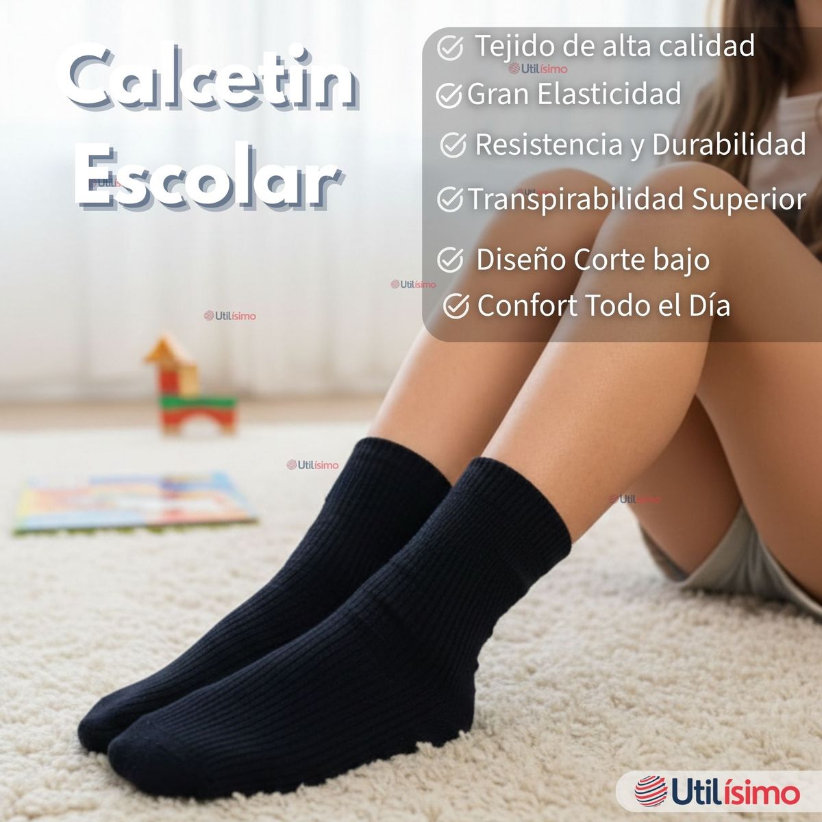 UTILISIMO - Calcetín Escolar Corto Acrílico Azul Niño y Niña