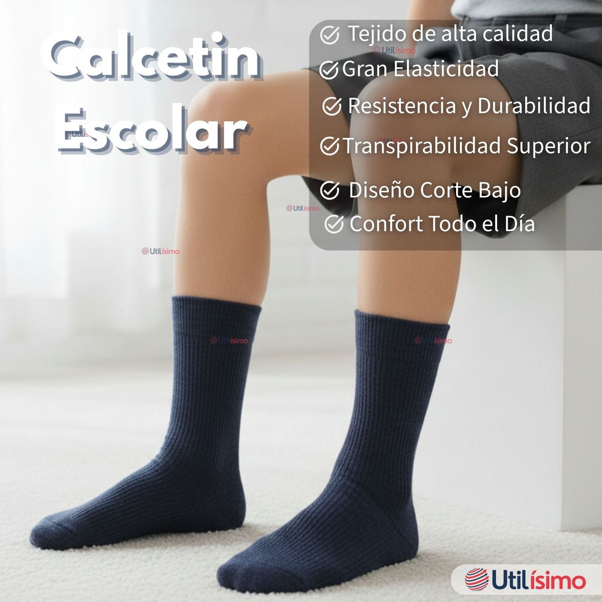 UTILISIMO - Calcetín Escolar Corto Acrilico Azul Niña Niño Juvenil