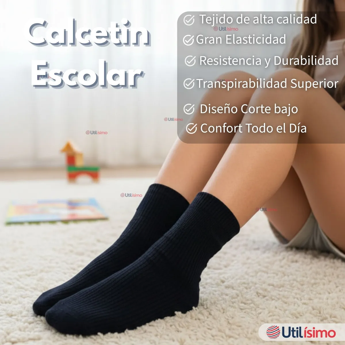 UTILISIMO - Pack 3 Calcetínes Escolares Corto Acrílico Azul Niño y Niña