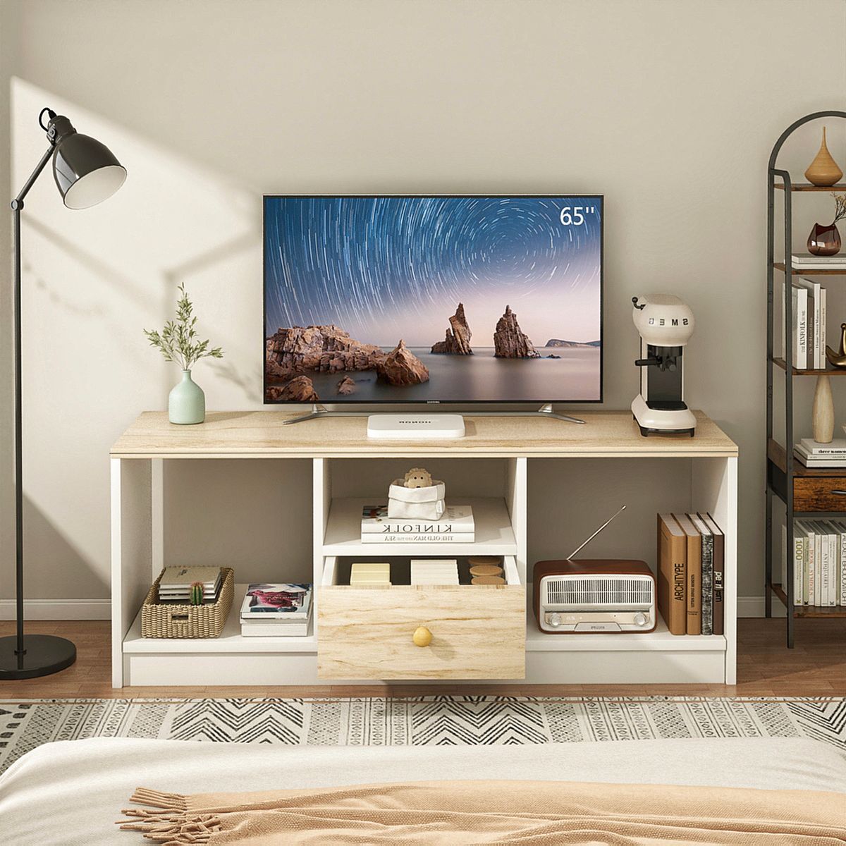 ROHE - Rack TV Para TV Pequeño Hasta 43 90x30x40 Cm Con 1 Cajón Blanco/madera