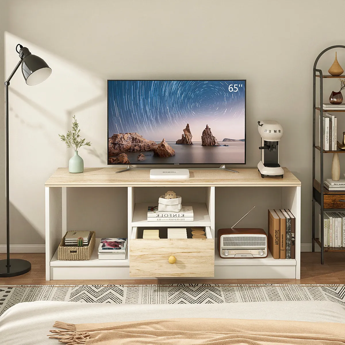 ROHE - Rack TV Para TV Pequeño Hasta 43 90x30x40 Cm Con 1 Cajón Blanco/madera