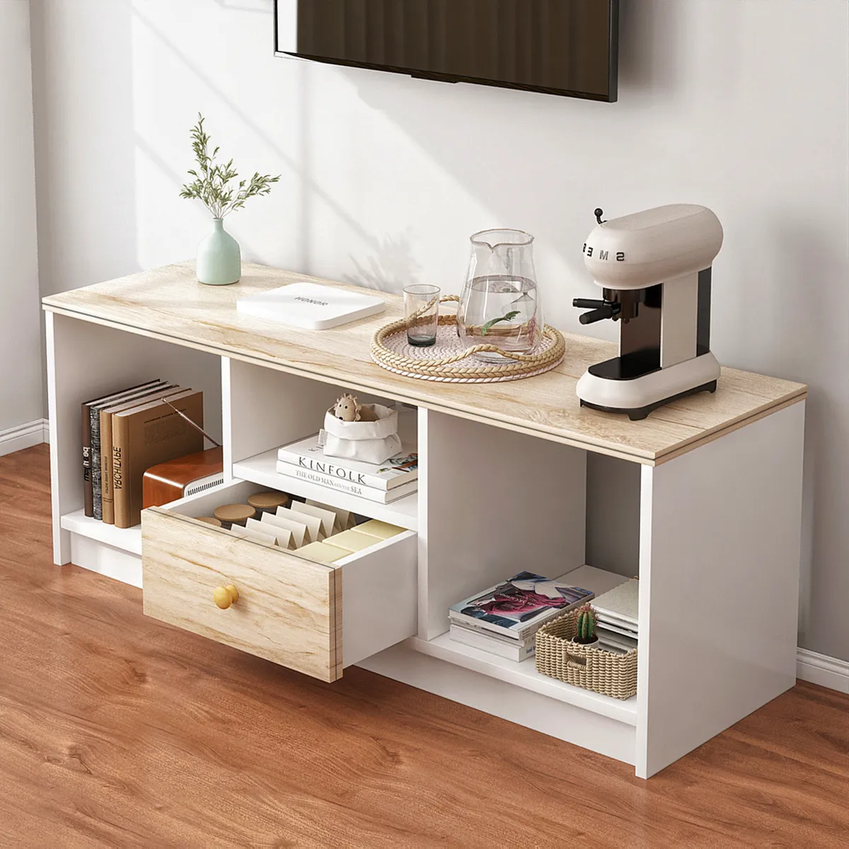 ROHE - Rack TV Para TV Pequeño Hasta 43 90x30x40 Cm Con 1 Cajón Blanco/madera