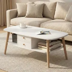 ROHE - Mesa de Centro con 2 Cajones y Patas PVC Estilo Madera 100x50x42