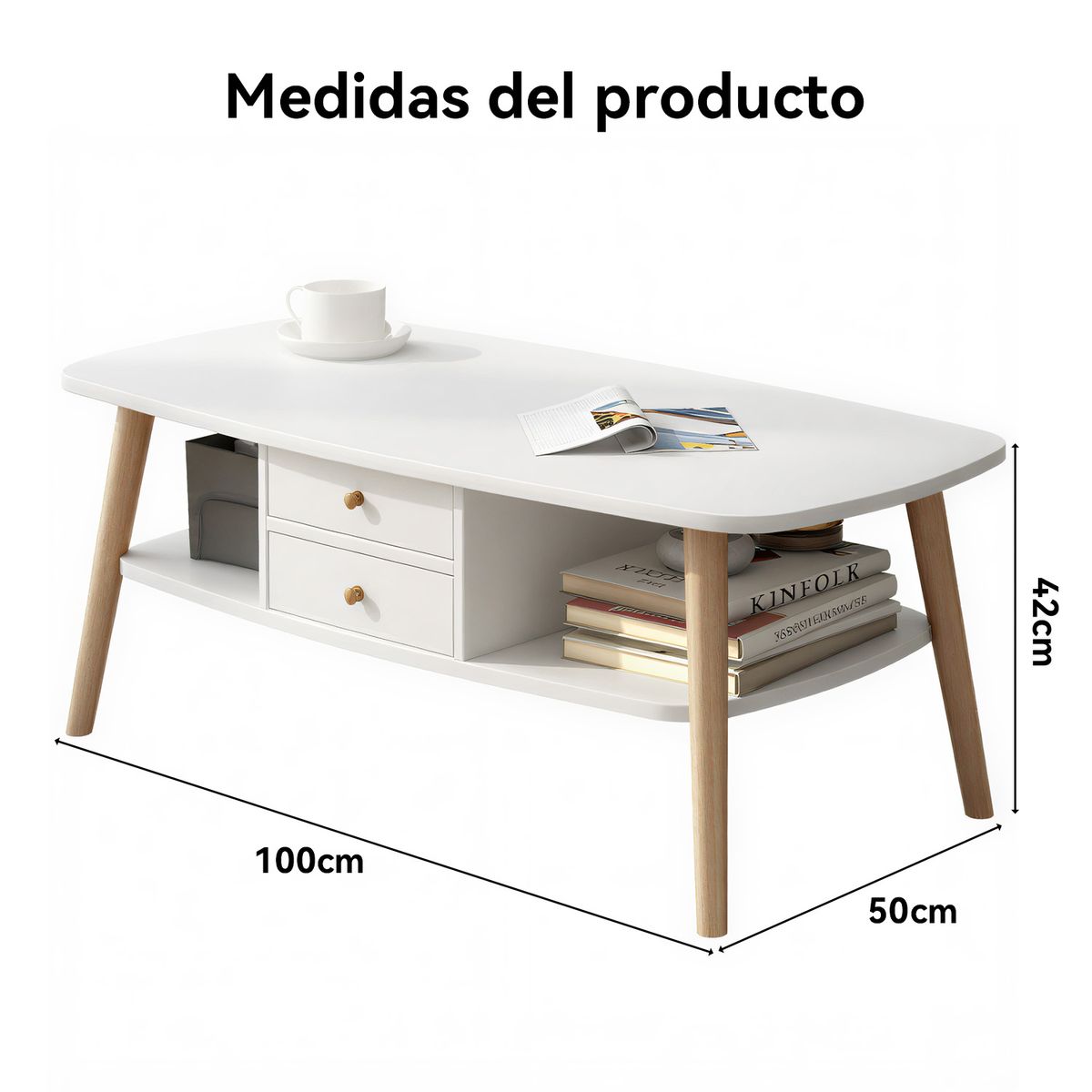 ROHE - Mesa de Centro con 2 Cajones y Patas PVC Estilo Madera 100x50x42