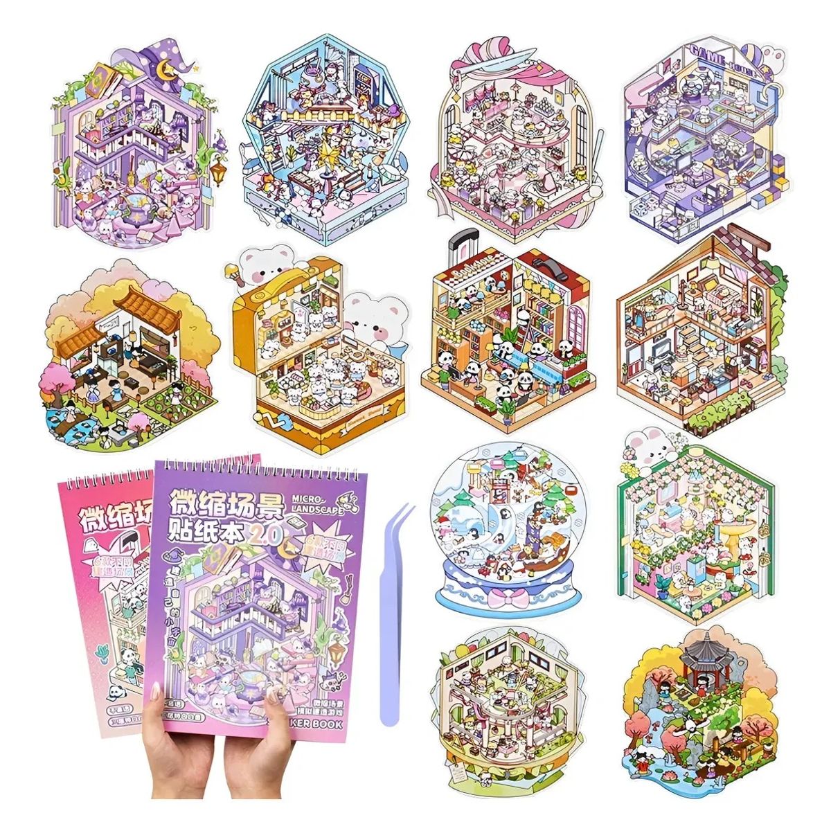 KUANGYE - Pack 2 Libros Pegatinas Escenas Miniatura Stickers 3d Dibujo