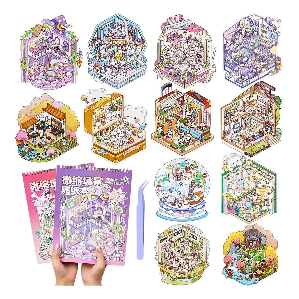 KUANGYE - Pack 2 Libros Pegatinas Escenas Miniatura Stickers 3d Dibujo
