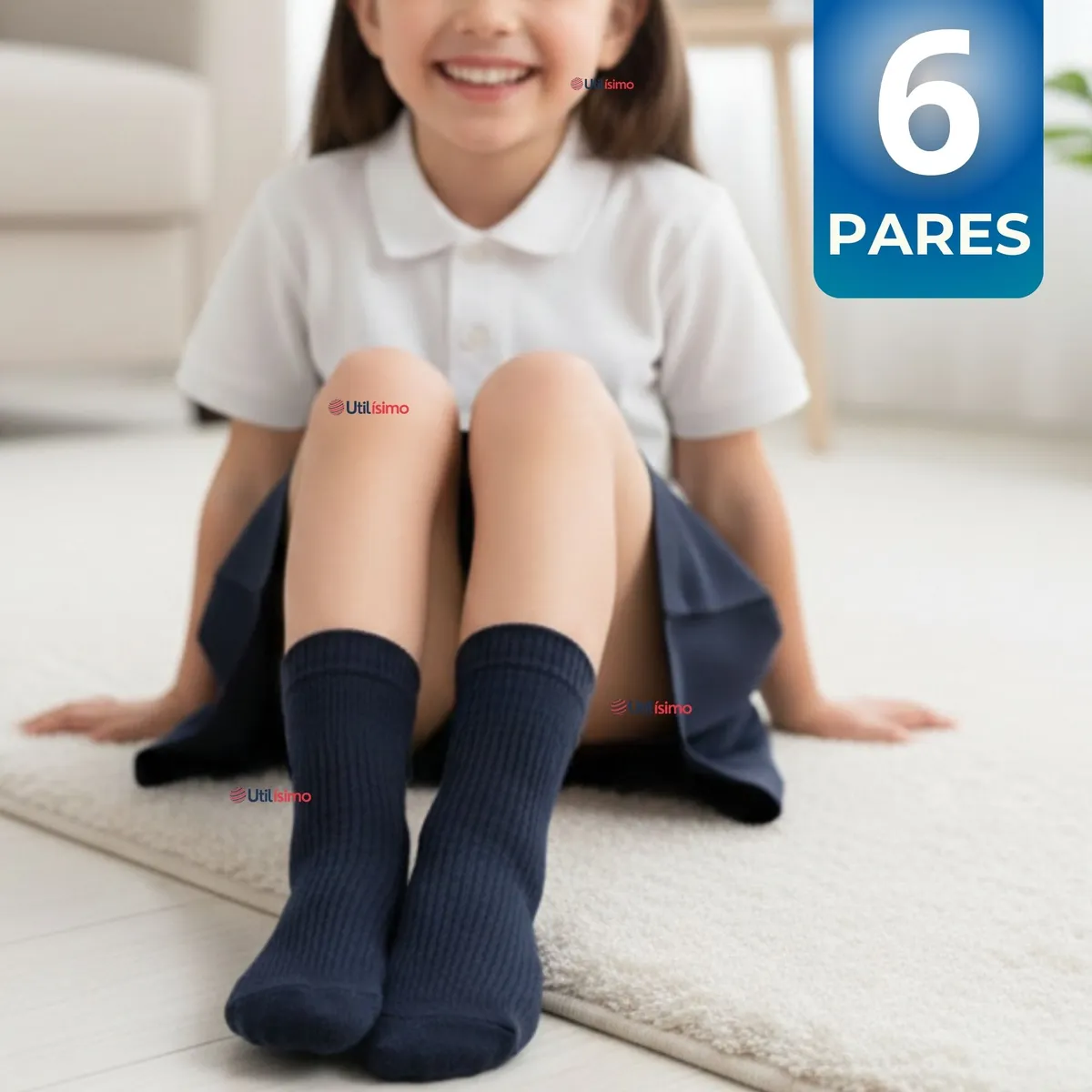 UTILISIMO - Pack 6 Calcetínes Escolares Corto Acrílico Azul Niño y Niña