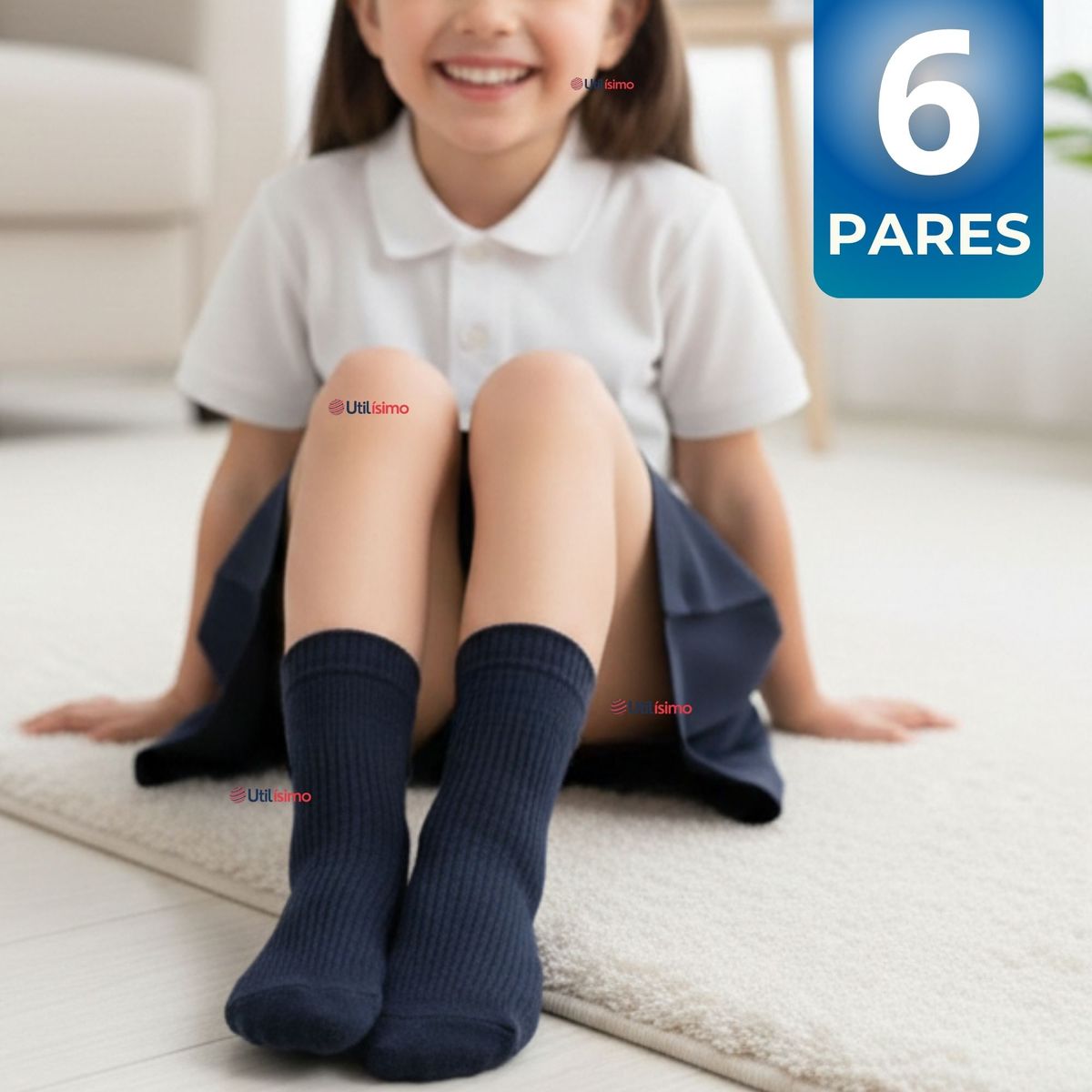 UTILISIMO - Pack 6 Calcetínes Escolares Corto Acrílico Azul Niño y Niña
