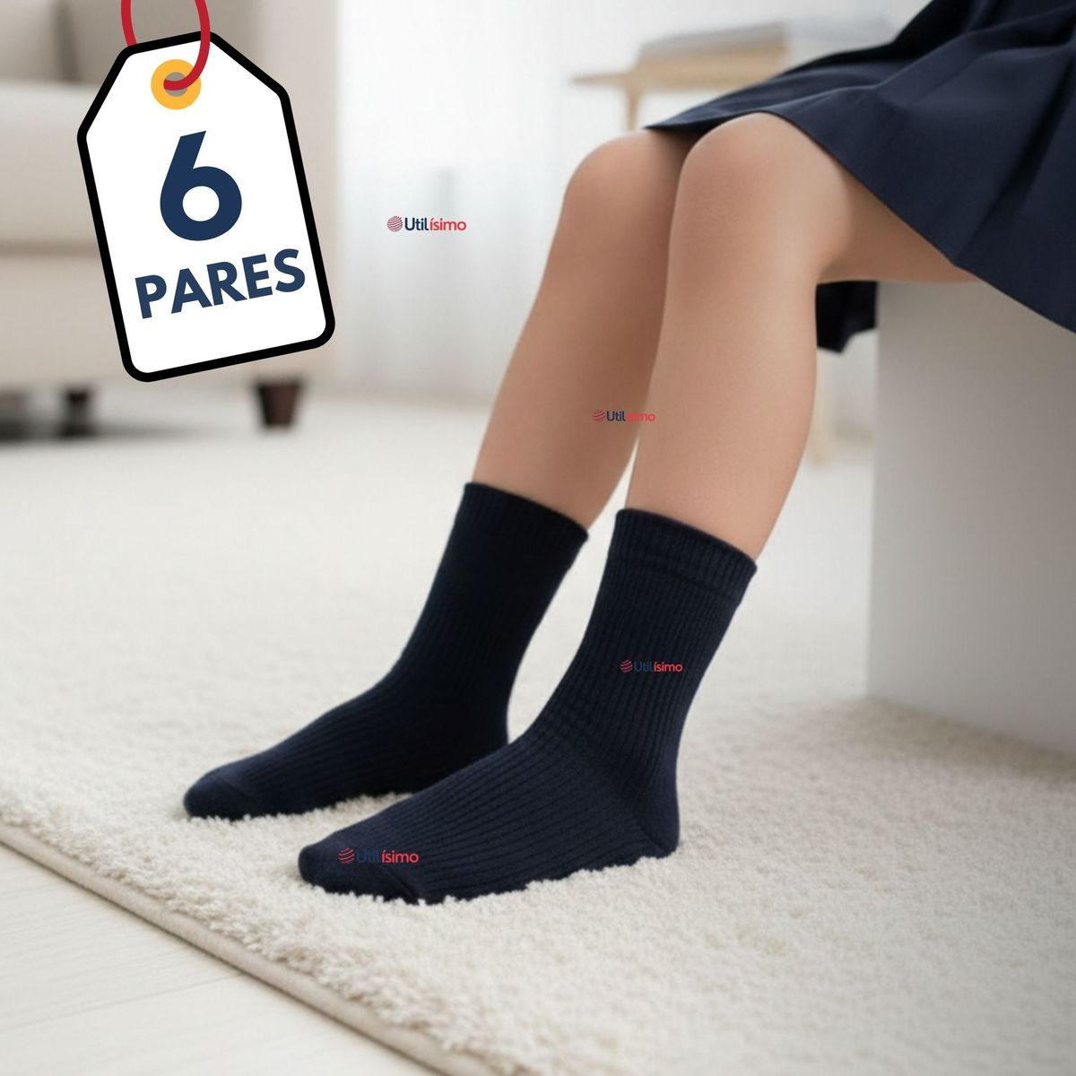 UTILISIMO - Pack 6 Calcetínes Escolares Corto Acrílico Azul Niño y Niña