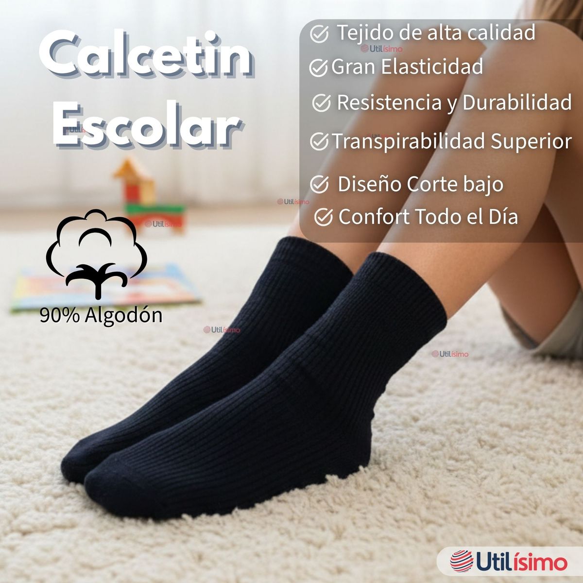 UTILISIMO - Pack 3 Calcetínes Escolares Corto Algodón Azul Niño y Niña