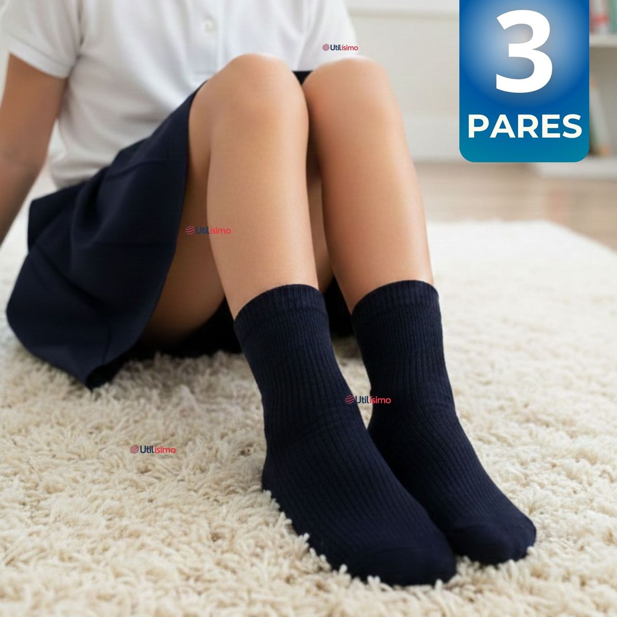 UTILISIMO - Pack 3 Calcetínes Escolares Corto Algodón Azul Niño y Niña