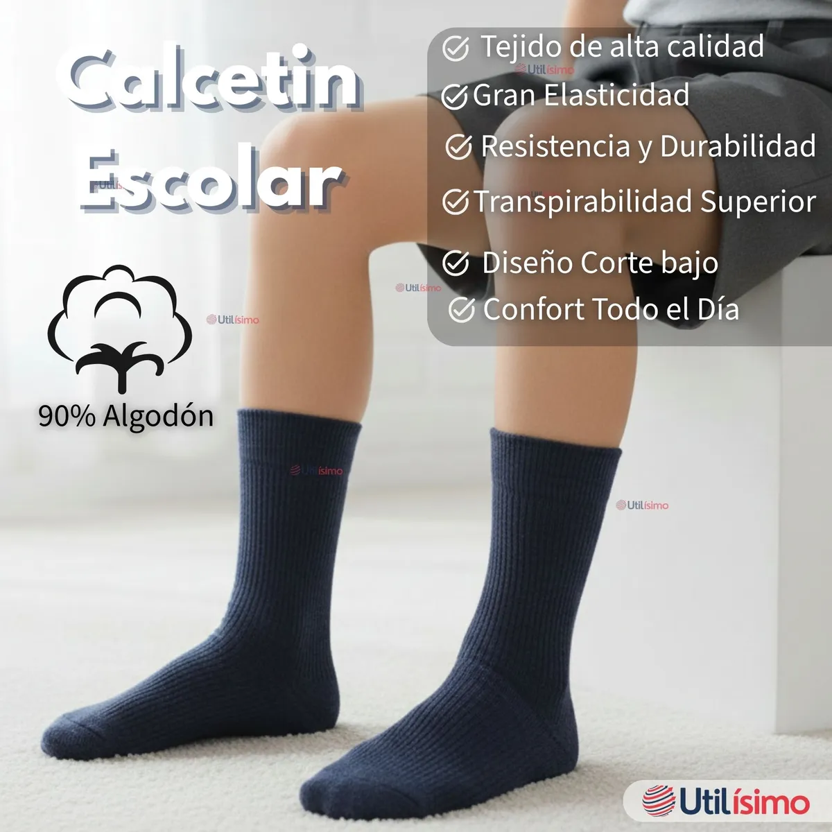 UTILISIMO - Pack 3 Calcetínes Escolares Corto Algodón Azul Niña Niño Juvenil