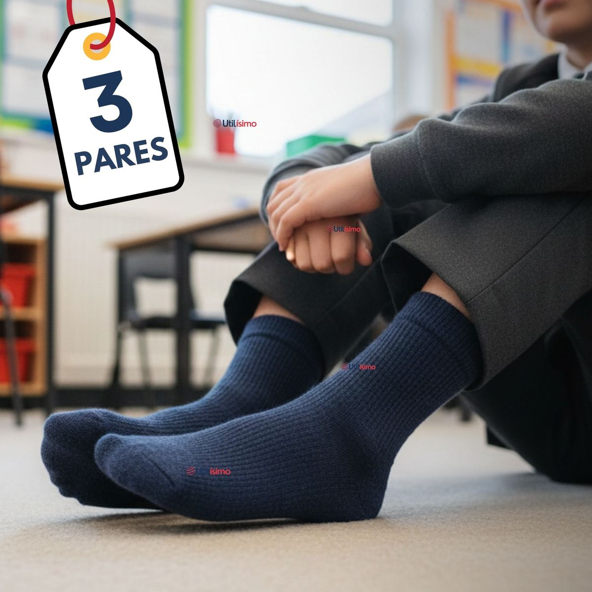 UTILISIMO - Pack 3 Calcetínes Escolares Corto Algodón Azul Niña Niño Juvenil