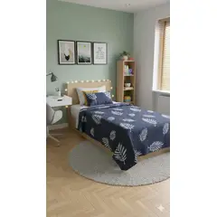 GENERICO - CUBRECAMA QUILT DE VERANO REVERSIBLE DELGADO DISEÑO AZUL PALMAS 1.5 PLAZA 100% ALGODON