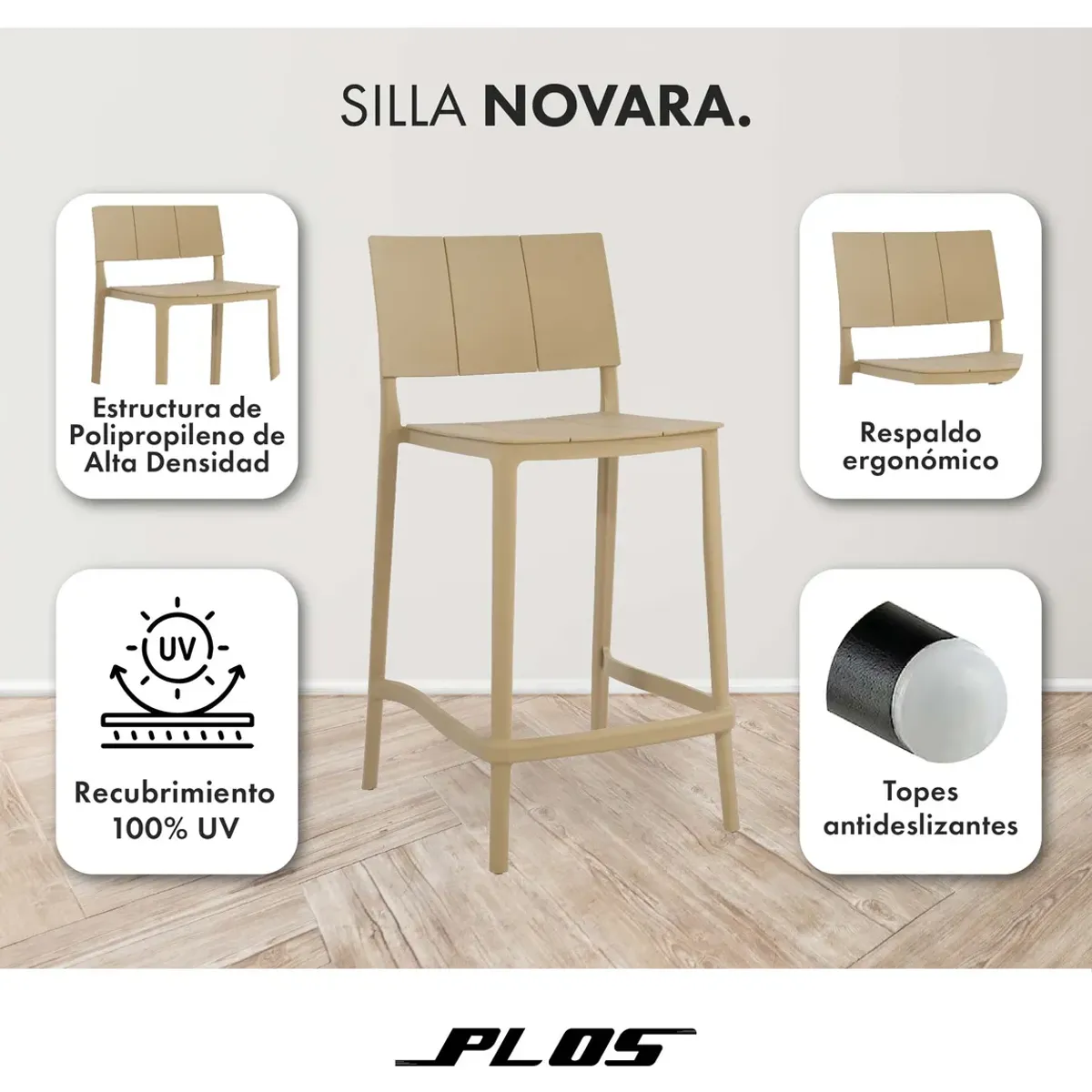 PLOS - Silla Piso Bar Taburete Terraza 65cm Pack x4 Unidades Plos Novara