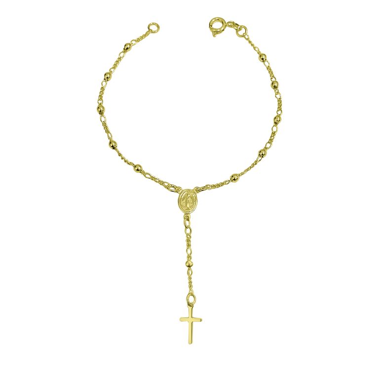 Pulsera Denario Virgen De Los Rayos Bolitas Enchapado Oro 18K Dorado TALLA UNICA