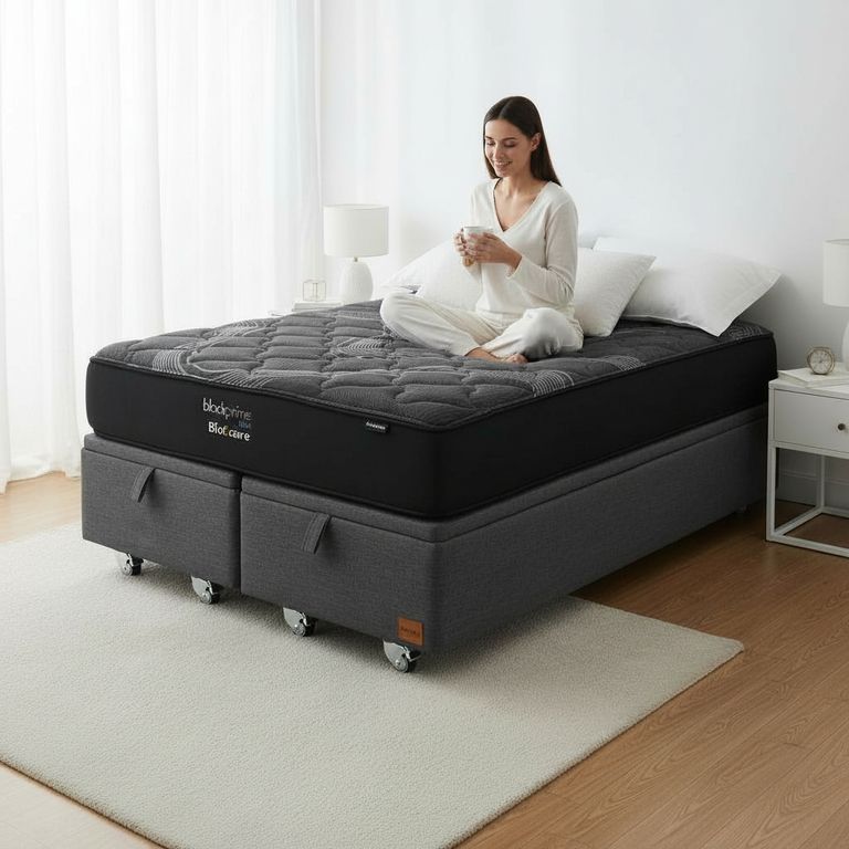 Cama Baul Super King L200 cm + Colchon Black Prime - Modelo Uno / Rueda Logo (Gris)